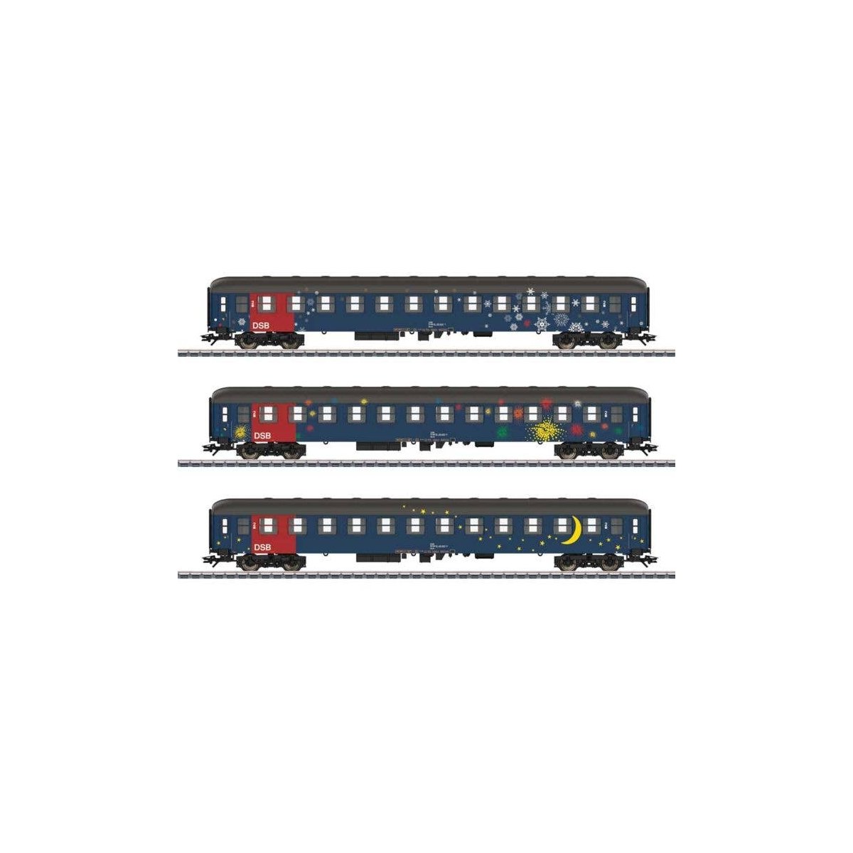 Type Bcm 2nd Class Slumber Car 3-Pack - 3-Rail - Ready to Run - Start Up -- Danish State Railways DSB (Era V 1990s, blue, red, g