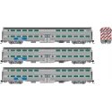 Budd Gallery Commuter 2 Coach & Cab Car Set - Ready to Run -- Metra 810, 747, 774 (stainless, blue, white, BNSF Circle & RTA Log