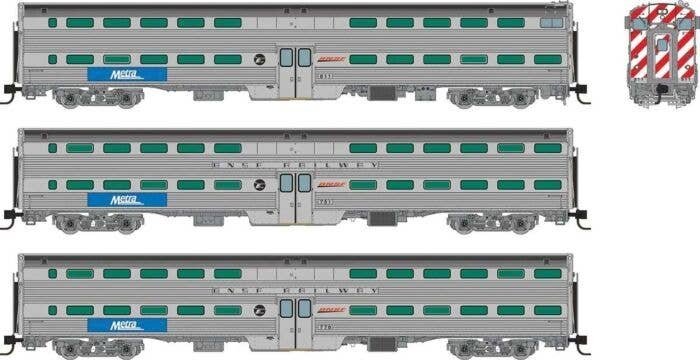 Budd Gallery Commuter 2 Coach & Cab Car Set - Ready to Run -- Metra 811, 751, 778 (stainless, blue, white, BNSF Wedge & RTA Logo