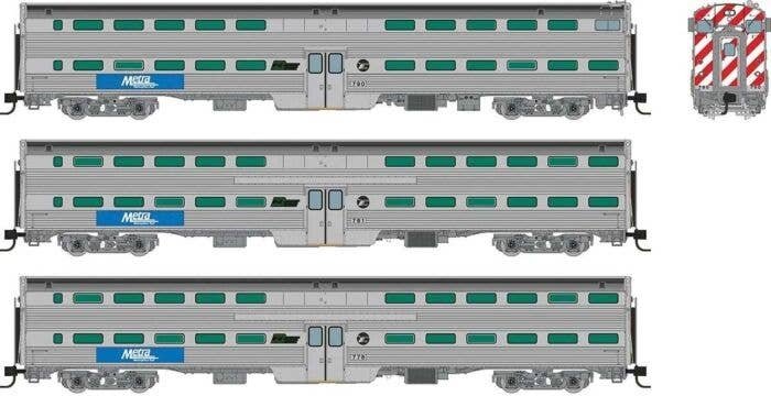 Budd Gallery Commuter 2 Coach & Cab Car Set - Ready to Run -- Metra 790, 761, 776 (stainless, blue, white, BN & RTA Logos), N, R