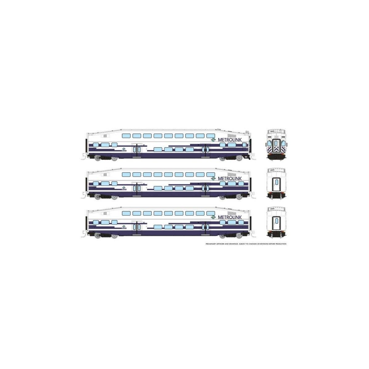 Bilevel Commuter Cab Car & 2 Coach Set - Ready to Run -- Metrolink Set 1 632, 188, 203 (As Delivered, white, blue), N, Rapido Tr