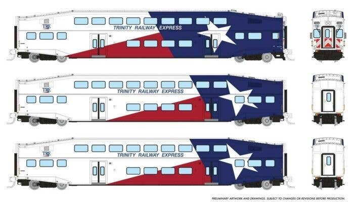 Bilevel Commuter Cab Car & 2 Coach Set - Ready to Run -- Trinity Rail Express Set 1 1004, 1060 1063 (red, white, blue), N, Rapid
