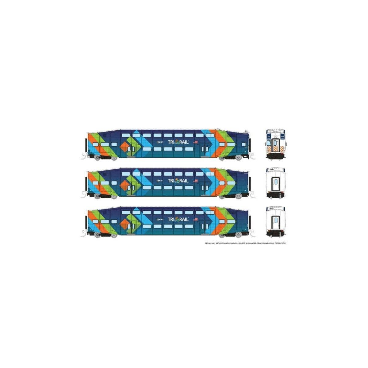 Bilevel Commuter Cab Car & 2 Coach Set - Ready to Run -- TriRail Set 2 504, 1007, 1010 (dark blue, light blue, orange, green), N