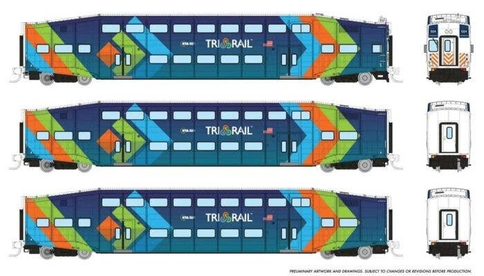 Bilevel Commuter Cab Car & 2 Coach Set - Ready to Run -- TriRail Set 2 504, 1007, 1010 (dark blue, light blue, orange, green), N