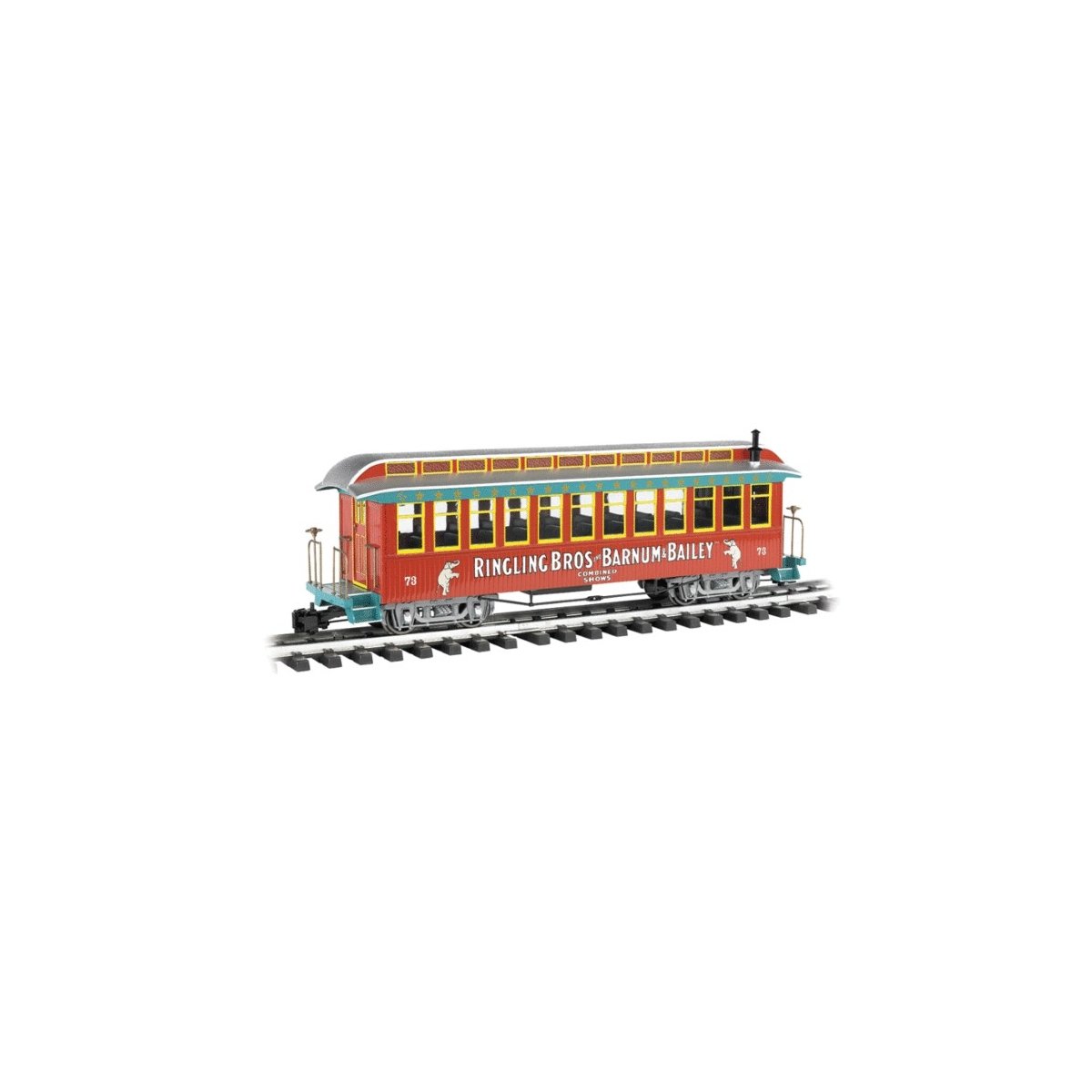 Jackson Sharp Wood Coach - Ready to Run -- Ringling Bros. and Barnum & Bailey(TM) 73 (red, teal, silver, yellow), G, Bachmann In
