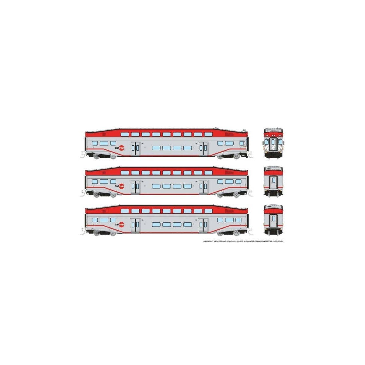 Bilevel Commuter Cab Car & 2 Coach Set - Ready to Run -- CalTrain Set 2 120, 232, 236 (silver, red), N, Rapido Trains Inc 546008