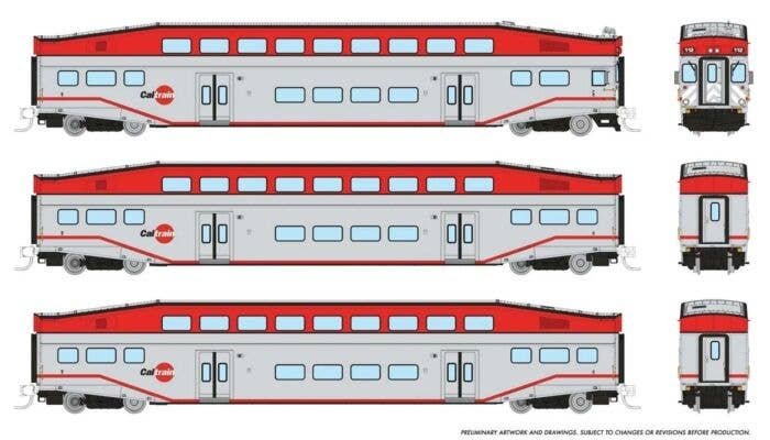 Bilevel Commuter Cab Car & 2 Coach Set - Ready to Run -- CalTrain Set 1 119, 231, 234 (silver, red), N, Rapido Trains Inc 546007