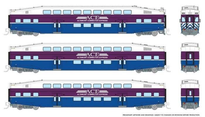 Bilevel Commuter Cab Car & 2 Coach Set - Ready to Run -- Altamont Commuter Express Set 2 3308, 3215, 3219 (white, purple, blue),