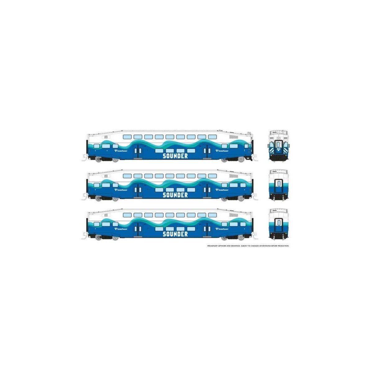 Bilevel Commuter Cab Car & 2 Coach Set - Ready to Run -- Sounder Set 2 305, 402, 408 (white, blue, green), N, Rapido Trains Inc 