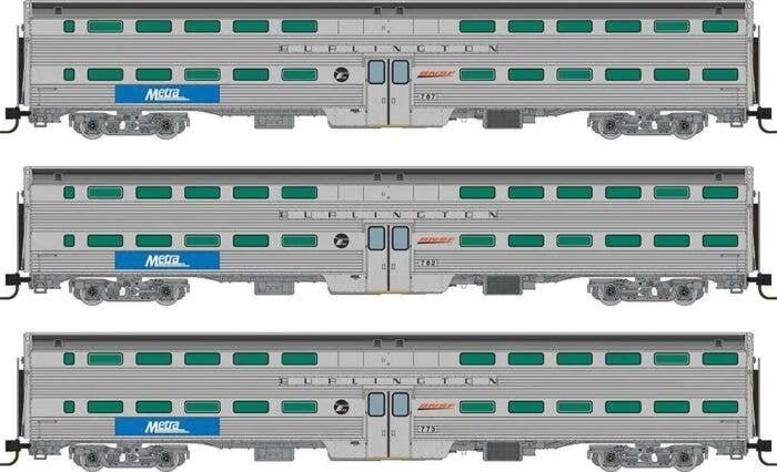 Budd Gallery Commuter Coach 3-Pack - Ready to Run -- Metra 762, 767, 773 (stainless, blue, white, BNSF Wedge & RTA, CB&Q), N, Ra