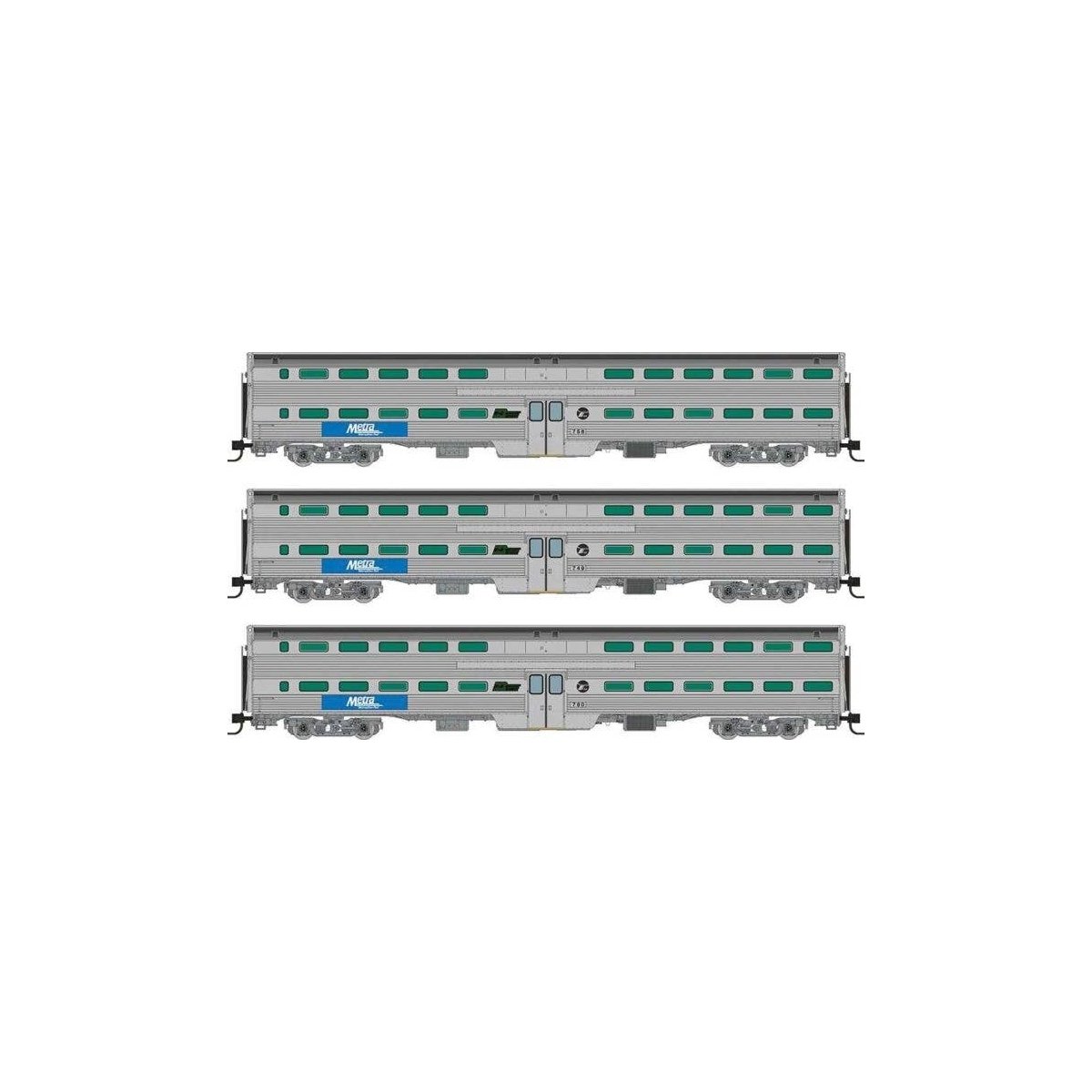 Budd Gallery Commuter Coach 3-Pack - Ready to Run -- Metra 749, 756, 760 (stainless, blue, white, BN & RTA Logos), N, Rapido Tra