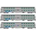 Budd Gallery Commuter Coach 3-Pack - Ready to Run -- Metra 741, 750, 777 (stainless, blue, white, BNSF Wedge & RTA Logos), N, Ra