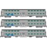 Budd Gallery Commuter Coach 3-Pack - Ready to Run -- Metra 741, 750, 777 (stainless, blue, white, BNSF Wedge & RTA Logos), N, Ra