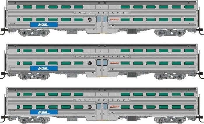Budd Gallery Commuter Coach 3-Pack - Ready to Run -- Metra 741, 750, 777 (stainless, blue, white, BNSF Wedge & RTA Logos), N, Ra