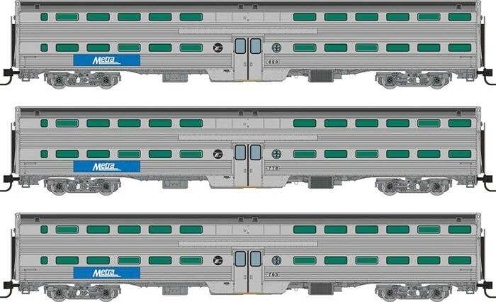 Budd Gallery Commuter Coach 3-Pack - Ready to Run -- Metra 763, 778, 820 (stainless, blue, white, BNSF Circle & RTA Logos), N, R