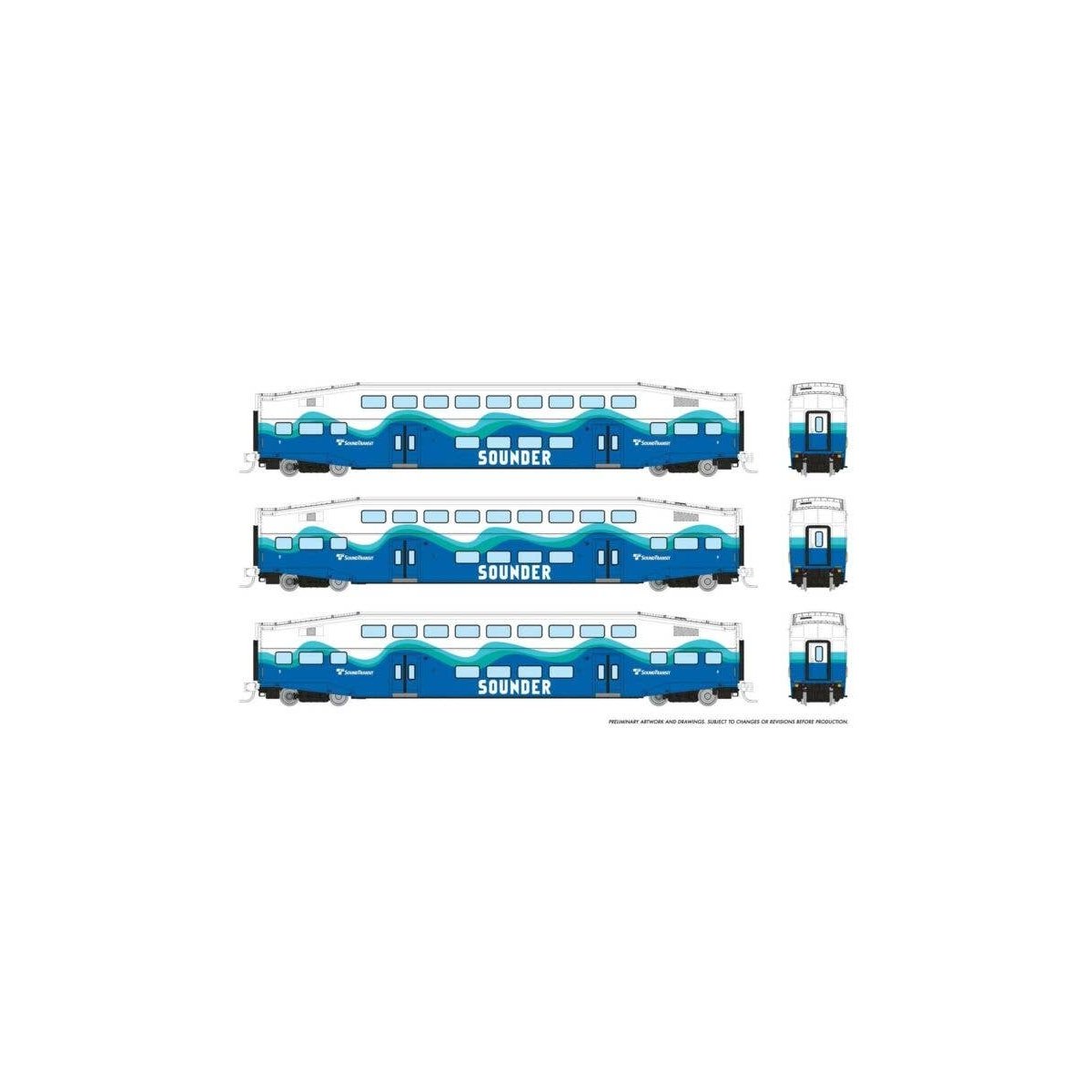 Bilevel Commuter Coach 3-Pack - Ready to Run -- Sounder 401, 406, 409 (white, blue, green), N, Rapido Trains Inc 546024