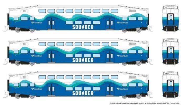 Bilevel Commuter Coach 3-Pack - Ready to Run -- Sounder 401, 406, 409 (white, blue, green), N, Rapido Trains Inc 546024