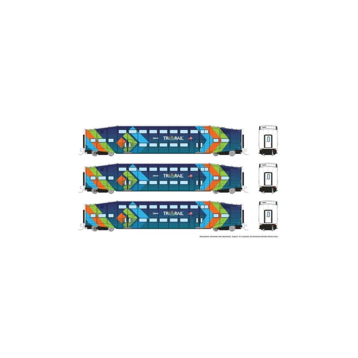 Bilevel Commuter Coach 3-Pack - Ready to Run -- TriRail 1001, 1006, 1012 (dark blue, light blue, orange, green), N, Rapido Train