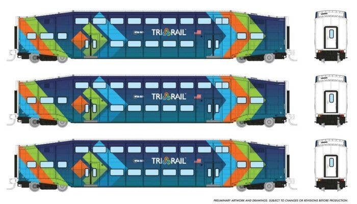 Bilevel Commuter Coach 3-Pack - Ready to Run -- TriRail 1001, 1006, 1012 (dark blue, light blue, orange, green), N, Rapido Train