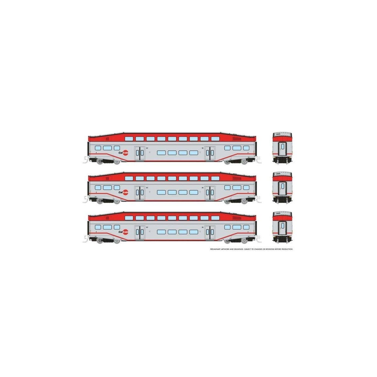 Bilevel Commuter Coach 3-Pack - Ready to Run -- CalTrain 230, 233, 235 (silver, red), N, Rapido Trains Inc 546009