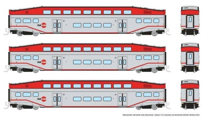 Bilevel Commuter Coach 3-Pack - Ready to Run -- CalTrain 230, 233, 235 (silver, red), N, Rapido Trains Inc 546009