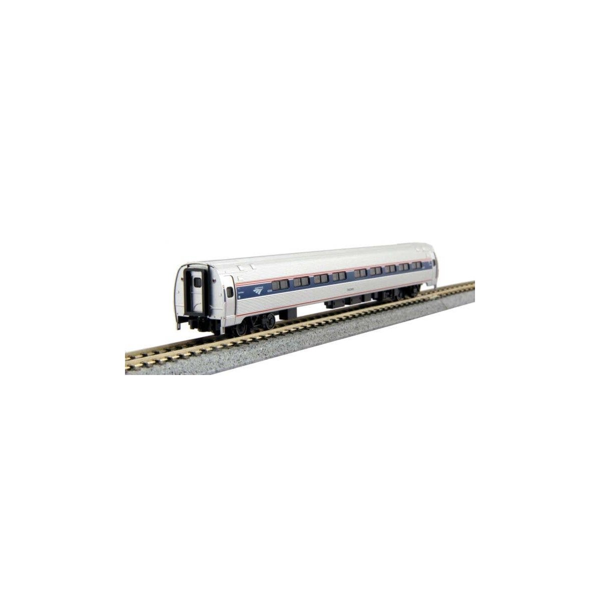 Amfleet I Coach 2-Pack with Interior Lighting - Ready to Run -- Amtrak 82039, 82755 (Set A: Phase VI Wide blue Stripe, Travelsca