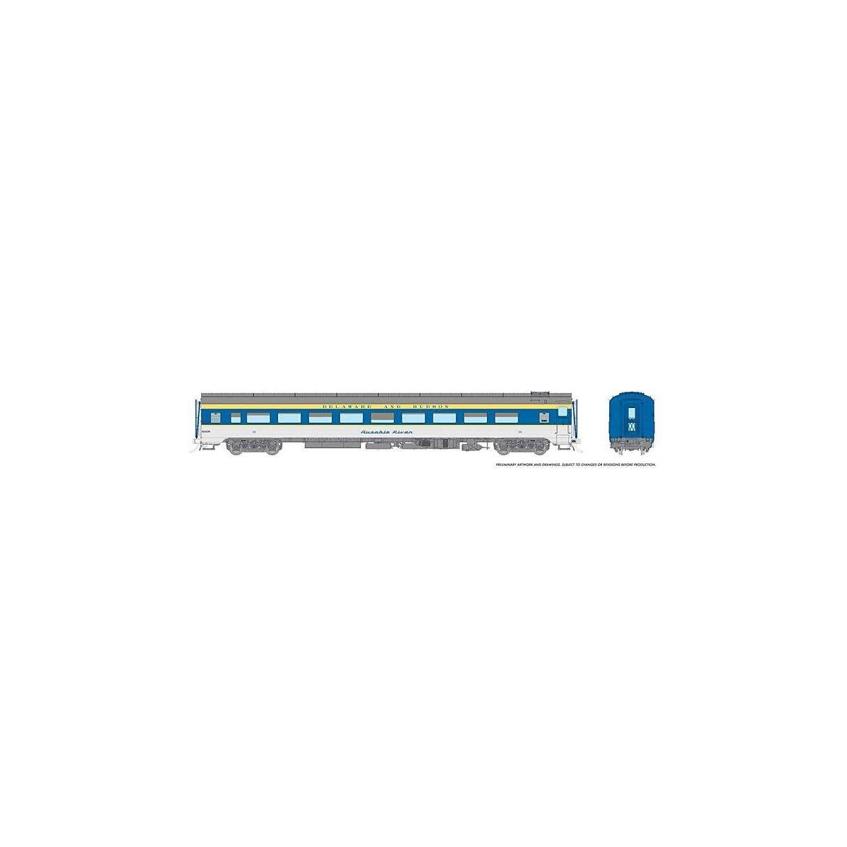 CC&F Lightweight Coach - Ready to Run - Super Continental Line(TM) -- Delaware & Hudson 34 (gray, blue, yellow), HO, Rapido Trai