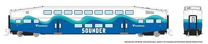 Bilevel Commuter Coach - Ready to Run -- Sounder (white, blue, green), N, Rapido Trains Inc 546024A