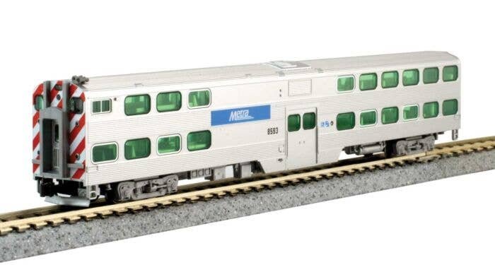 Nippon-Sharyo Gallery Bi-Level Commuter Cab Coach, DCC Lighting - Ready to R -- Metra 8593 (silver, blue), N, Kato USA Inc 15609