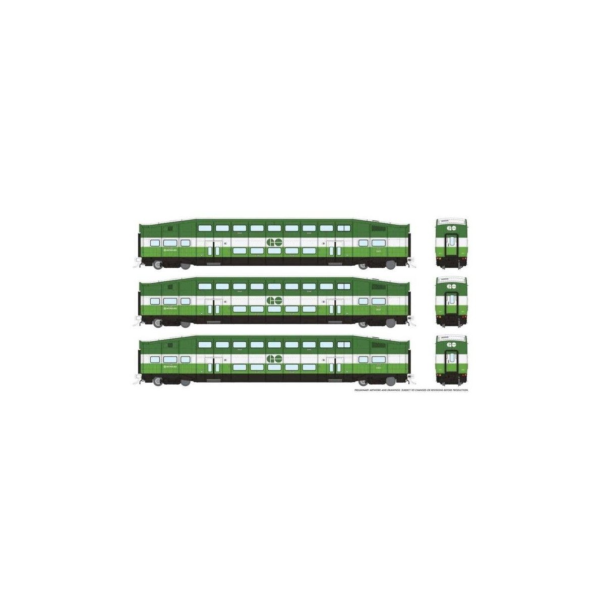 Bi-Level Commuter 3-Coach Set - Ready to Run -- Go Transit/Metrolinx Set 3 2413, 2437, 2454 (green, white), HO, Rapido Trains In