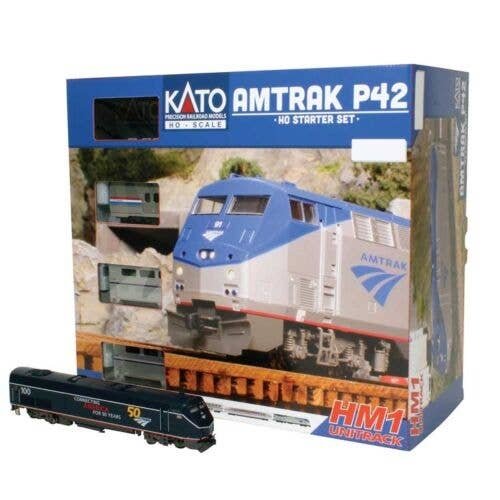 Amtrak P42 Superliner Starter Set - Standard DC -- Amtrak 100 (50th Blue), Viewliner Baggage, 2 Superliners, Unitrack Oval, Pa, 