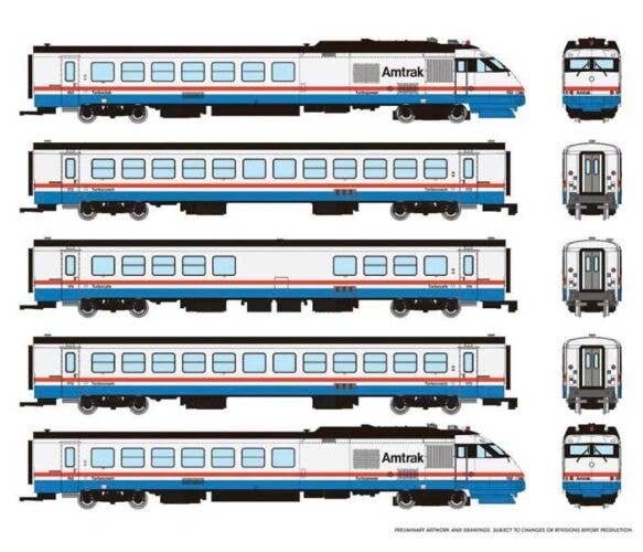 Rohr RTL Turboliner 5-Unit Set - Standard DC -- Amtrak Set 4 (Phase III Late, white, blue, red, black roof), N, Rapido Trains In