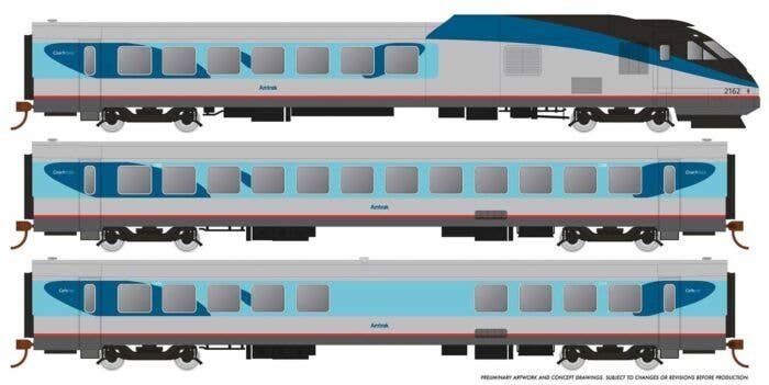 RTL Turboliner 5-Unit Train - Sound and DCC -- Amtrak 2141, 2288, 2374, 2284, 2162 (Phase V, silver, blue), HO, Rapido Trains In