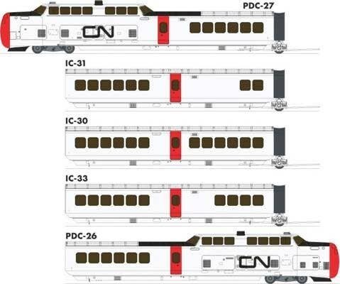UAC TurboTrain 5-Car Passenger Train-Only Set (2022 Ver.) - Sound & DCC Equipp -- Canadian National 126-201-256-228-151 (white, 