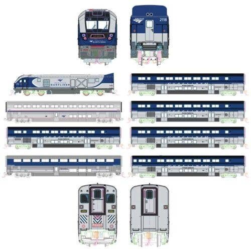 Pacific Surfliner Train-Only Set - Sound and DCC - Interior Lights -- Amtrak SC-44 5 Surfliner & 2 Superliner Coaches (6 blue, s