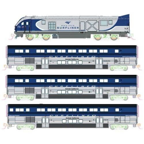 Pacific Surfliner Base Train-Only Set - Sound and DCC - Interior Lights -- Amtrak SC-44 Charger, 2 Coaches, Cab Car (blue, silve
