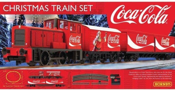 Coca-Cola Christmas Train Set - Standard DC -- Side-Rod Diesel, Boxcar, Container Flat, Track Oval and Power Pack, HO, Rivarossi