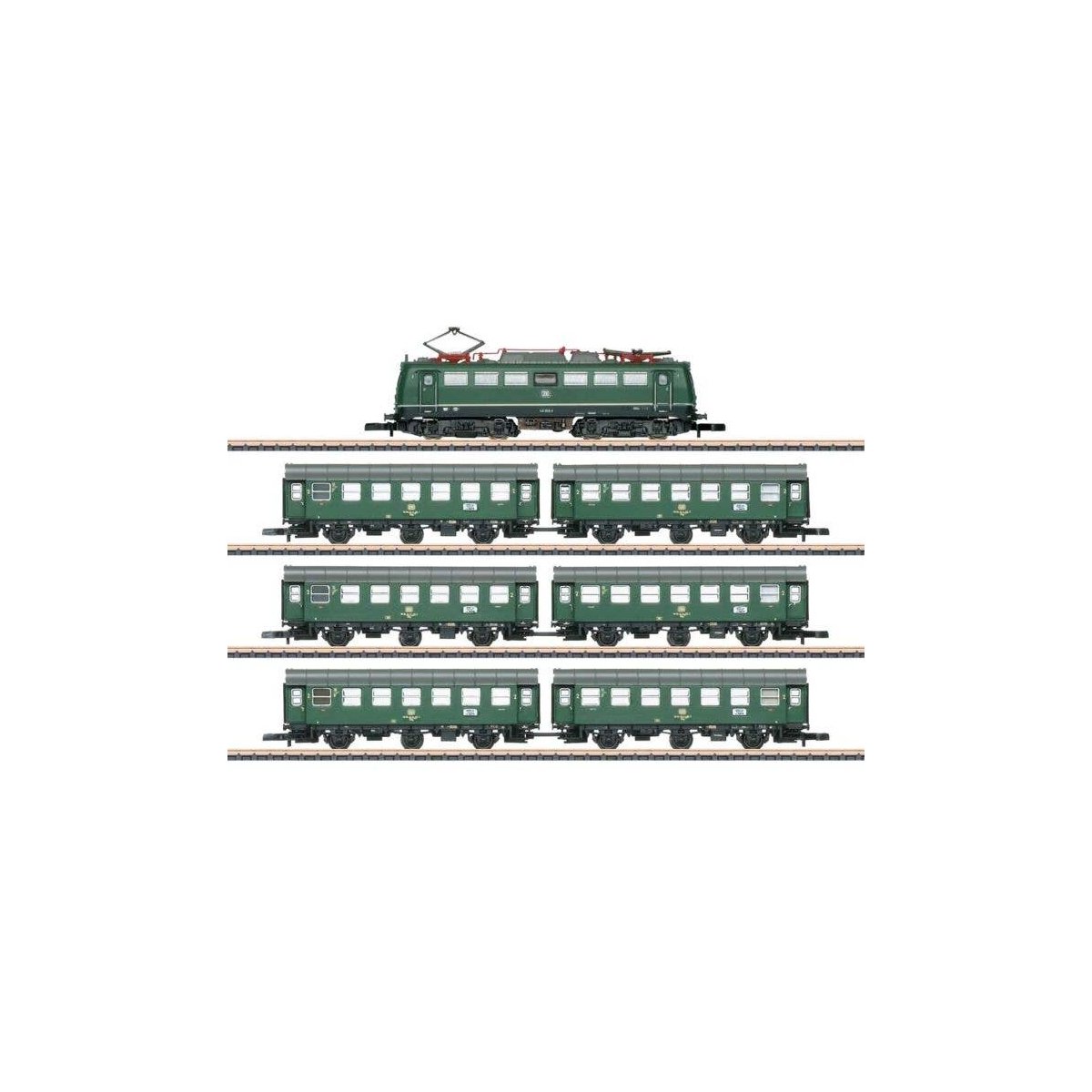 Holiday Passenger Train-Only Set - Standard DC -- DB Class 140 Electric, 3 Pairs Rebuild Cars (Era III 1972, green, gray), Z, Ma