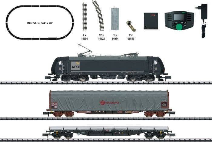 Freight Train Starter Set with Mobile Station - Sound and DCC - Minitrix -- Mitsui Rail Capital Europe MRCE 185.1, 2 Cars, C-Tra