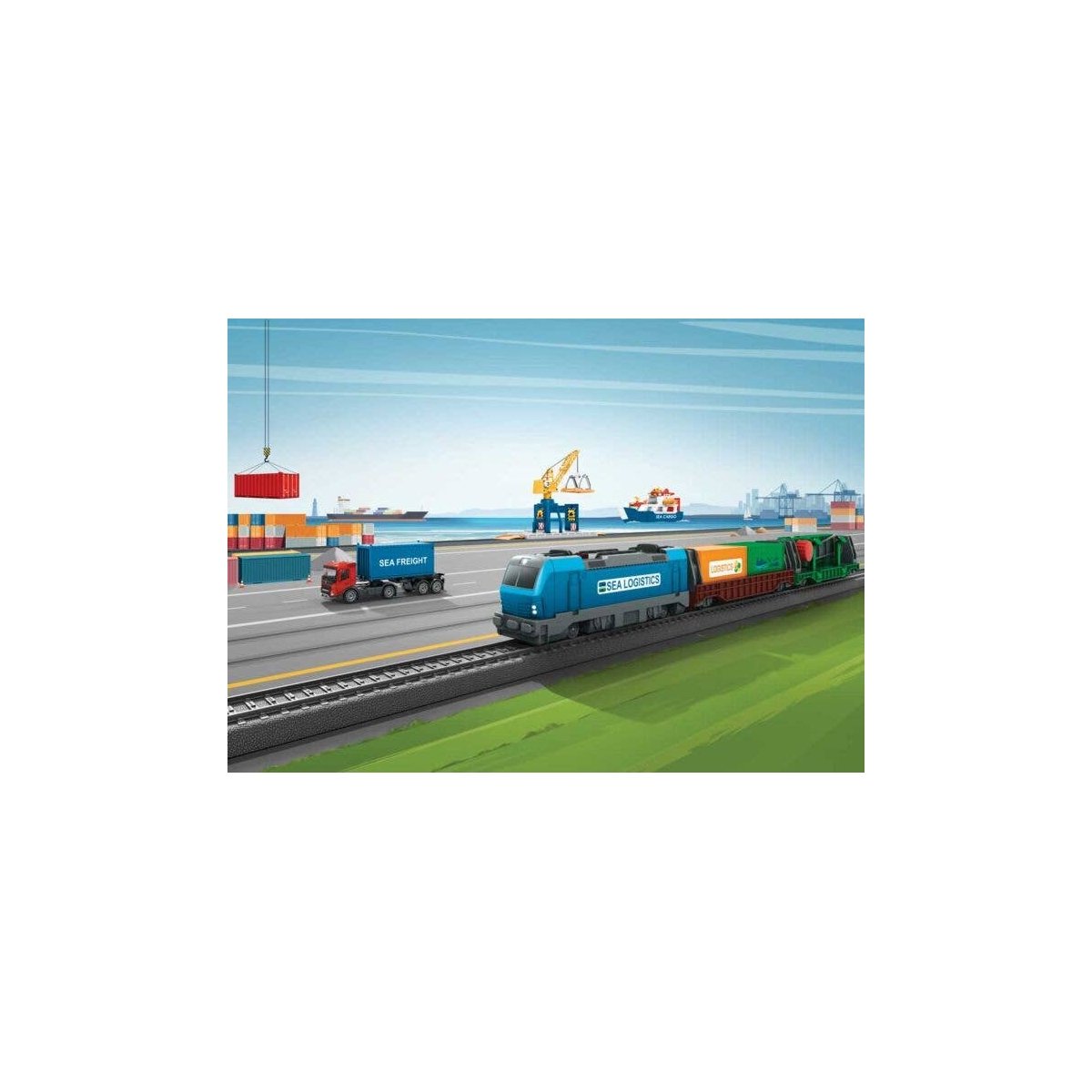Container Logistics Battery-Powered Starter Set - My World -- Vectron Loco, 2 Cars, 72 x 34′ Track Oval w/Siding, Remote Contr