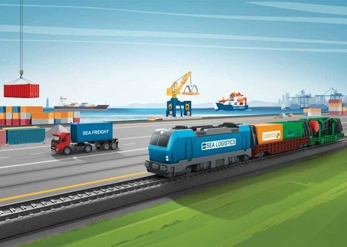 Container Logistics Battery-Powered Starter Set - My World -- Vectron Loco, 2 Cars, 72 x 34′ Track Oval w/Siding, Remote Contr
