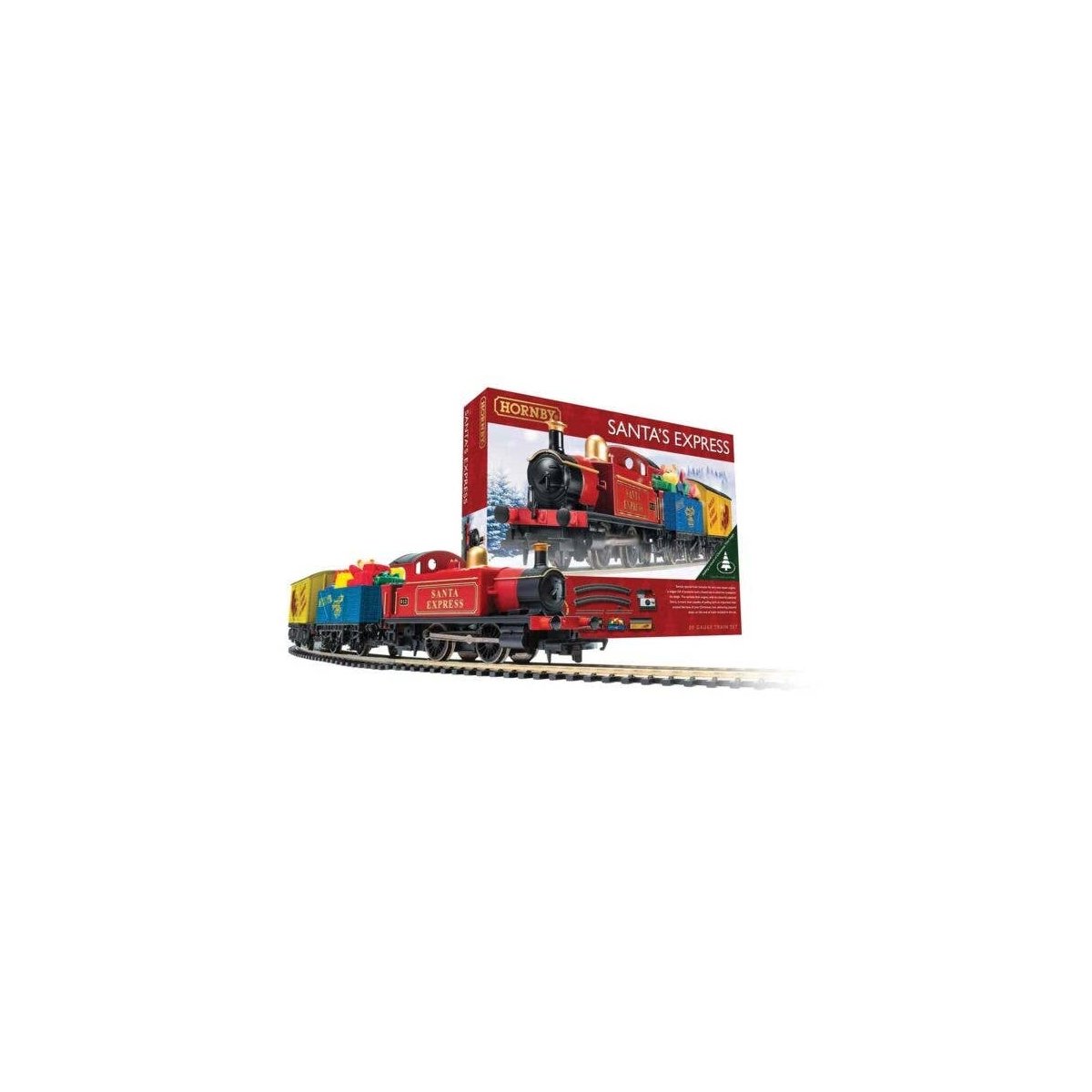 Santa′s Express Christmas Train Set - Standard DC -- 0-4-0T Locomotive, Gondola with Gifts, Boxcar with Sleigh Track, Power Pa