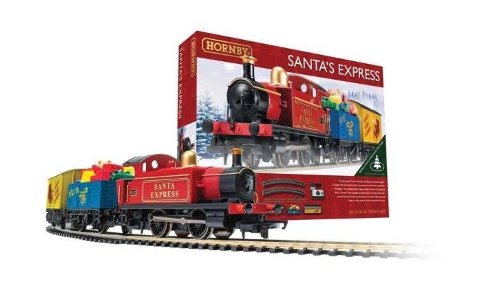 Santa′s Express Christmas Train Set - Standard DC -- 0-4-0T Locomotive, Gondola with Gifts, Boxcar with Sleigh Track, Power Pa