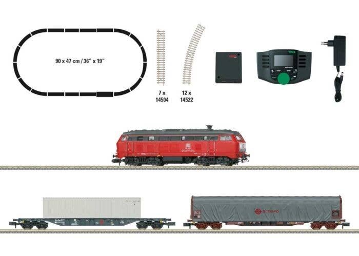 Freight Train Digital Starter Set - Sound and DCC -- Railsystems RP Class 218 Diesel, 2 Cars, Track Oval, Command Station, N, Tr