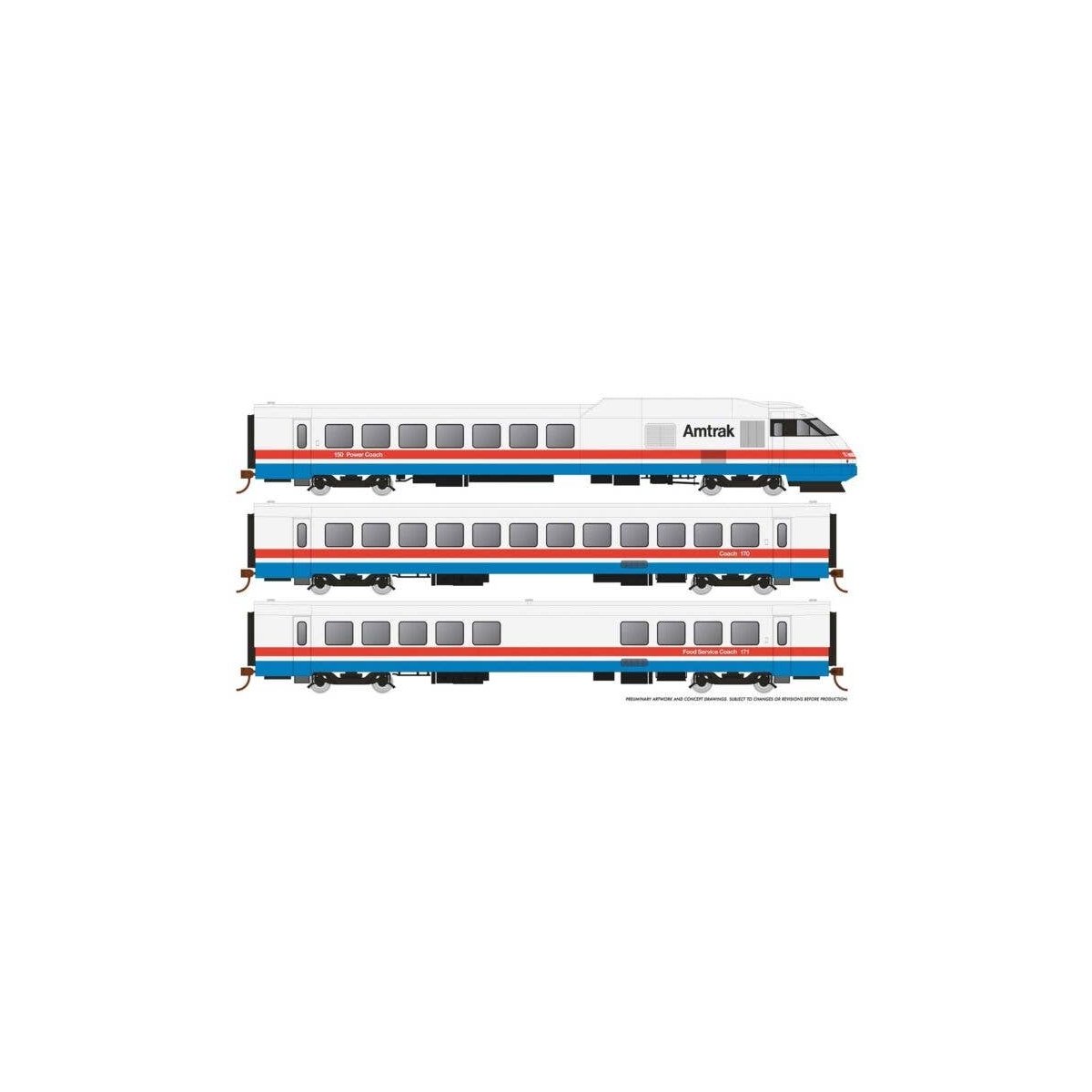 RTL Turboliner 5-Unit Train - Sound and DCC -- Amtrak 150, 170, 171, 172, 161 (Set 1 Phase III Early white, red, blue), HO, Rapi