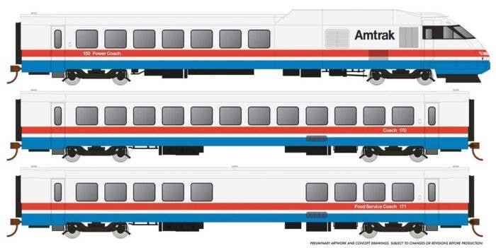 RTL Turboliner 5-Unit Train - Sound and DCC -- Amtrak 150, 170, 171, 172, 161 (Set 1 Phase III Early white, red, blue), HO, Rapi