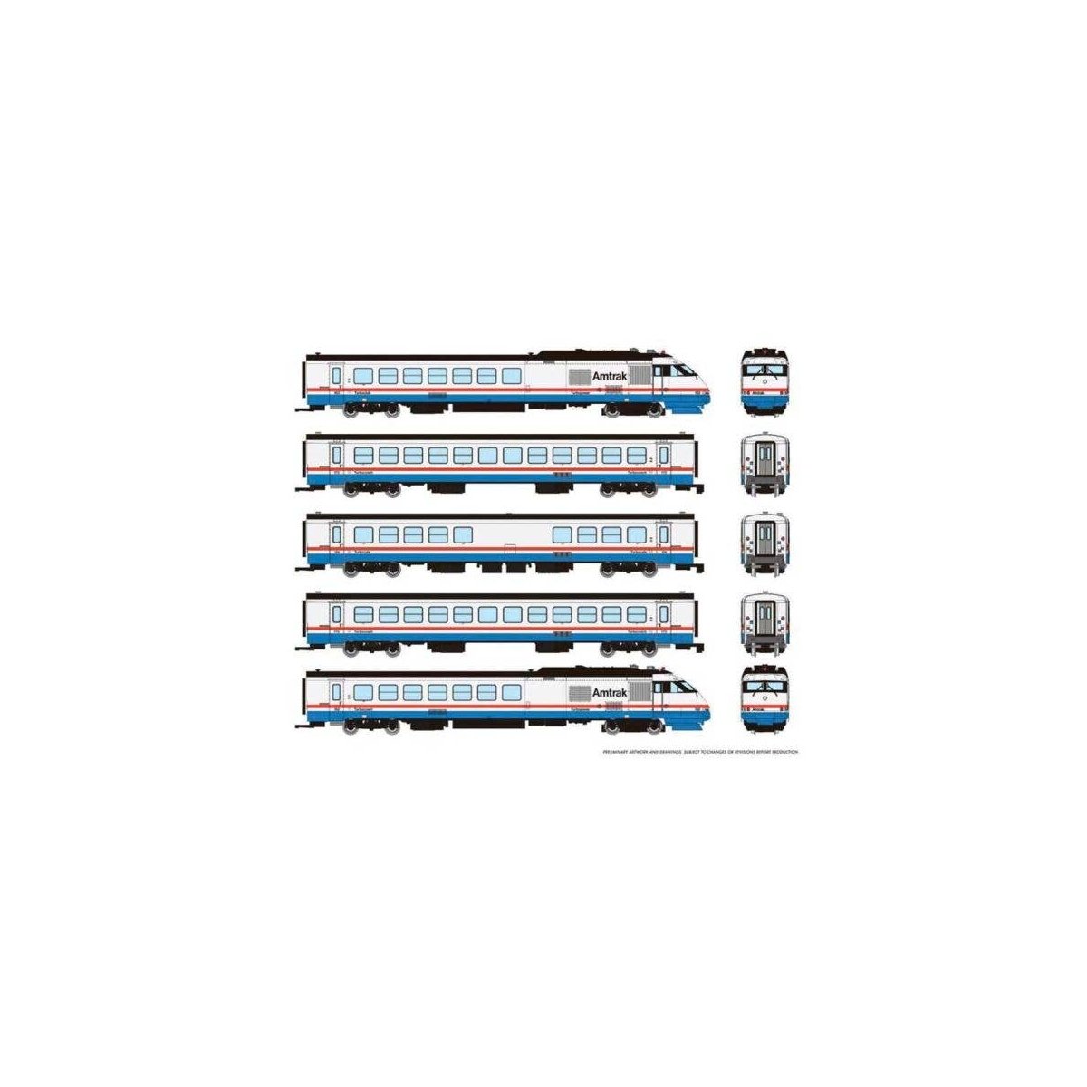 Rohr RTL Turboliner 5-Unit Set - Standard DC -- Amtrak Set 2 (Phase III Late, white, blue, red, black roof), N, Rapido Trains In