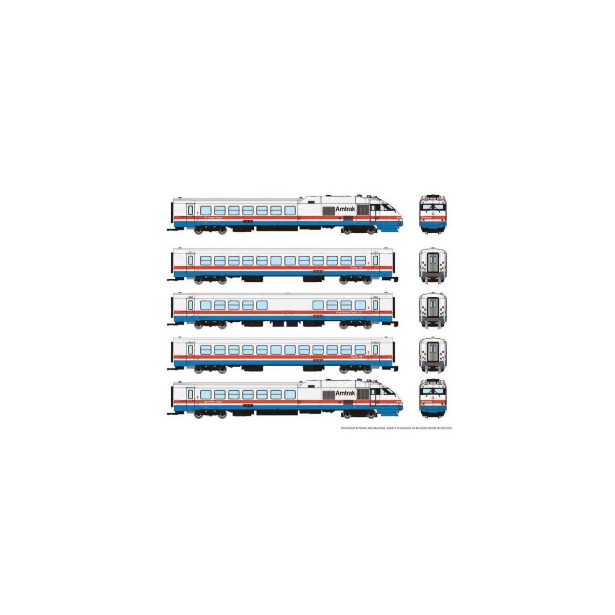Rohr RTL Turboliner 5-Unit Set - Standard DC -- Amtrak Set 1 (Phase III Early, white, blue, red), N, Rapido Trains Inc 525001