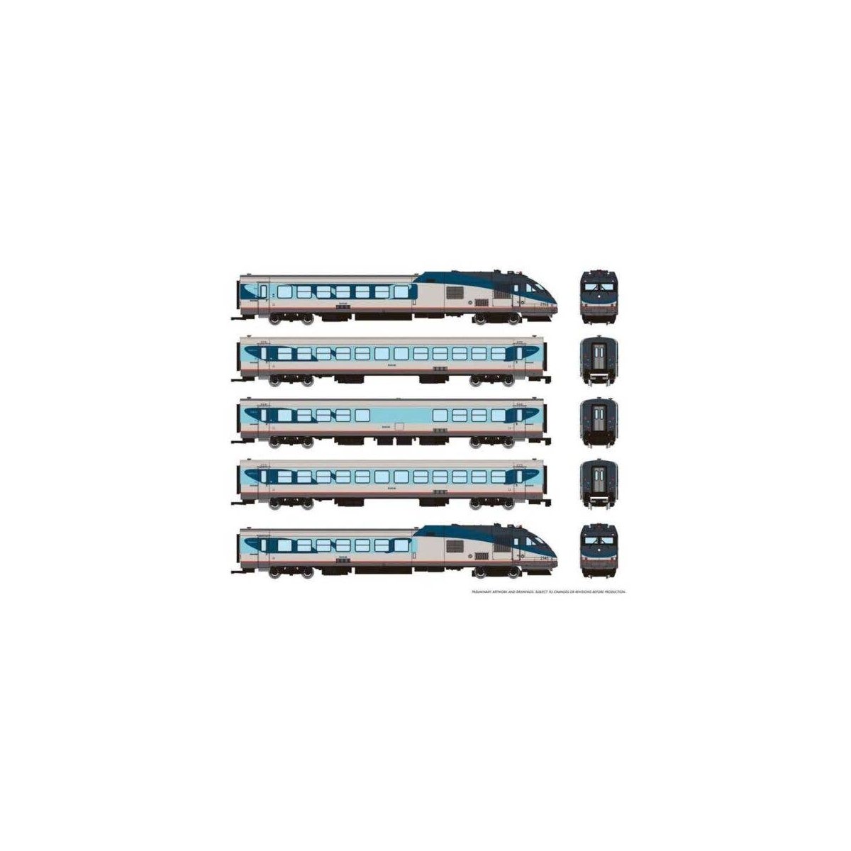 Rohr RTL Turboliner 5-Unit Set - Standard DC -- Amtrak (Phase V, silver, blue, gray, red), N, Rapido Trains Inc 525005