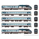 Rohr RTL Turboliner 5-Unit Set - Standard DC -- Amtrak (Phase V, silver, blue, gray, red), N, Rapido Trains Inc 525005